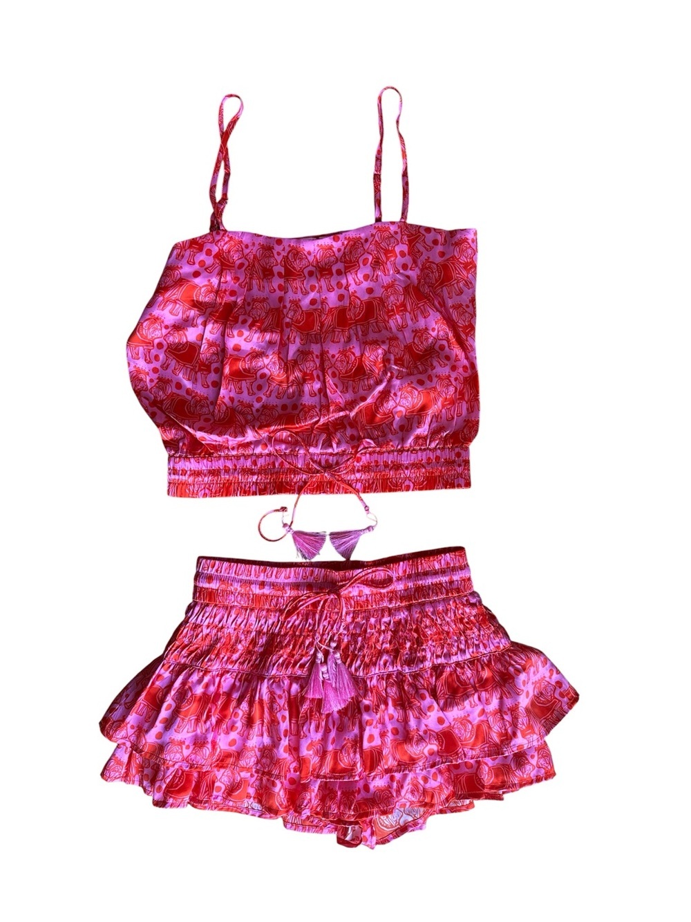 SHUG Womens 100% Silk Smocked Ruffle Skort Set Pink Red Bulldog Festival NEW - Picture 2 of 11